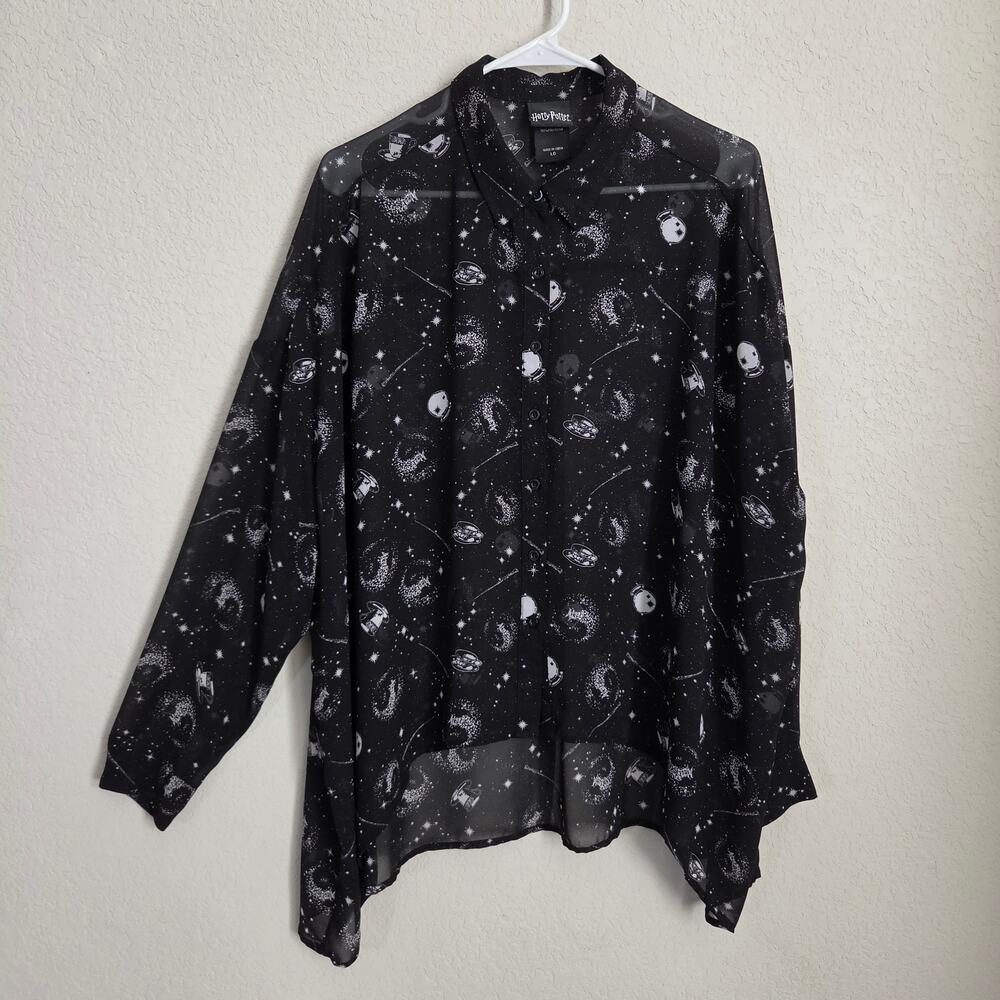 Harry Potter Shirt Womens Large Black Sheer Hi Lo Casual Wands Crystal Balls